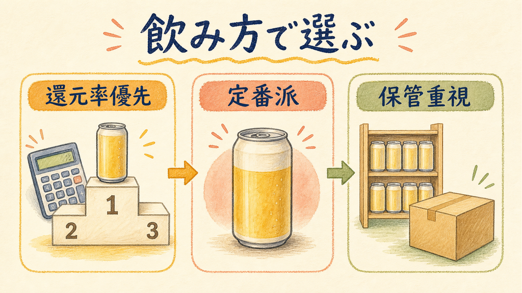 飲み方別に決まるビールの第一候補の結論を示す手書き図解
