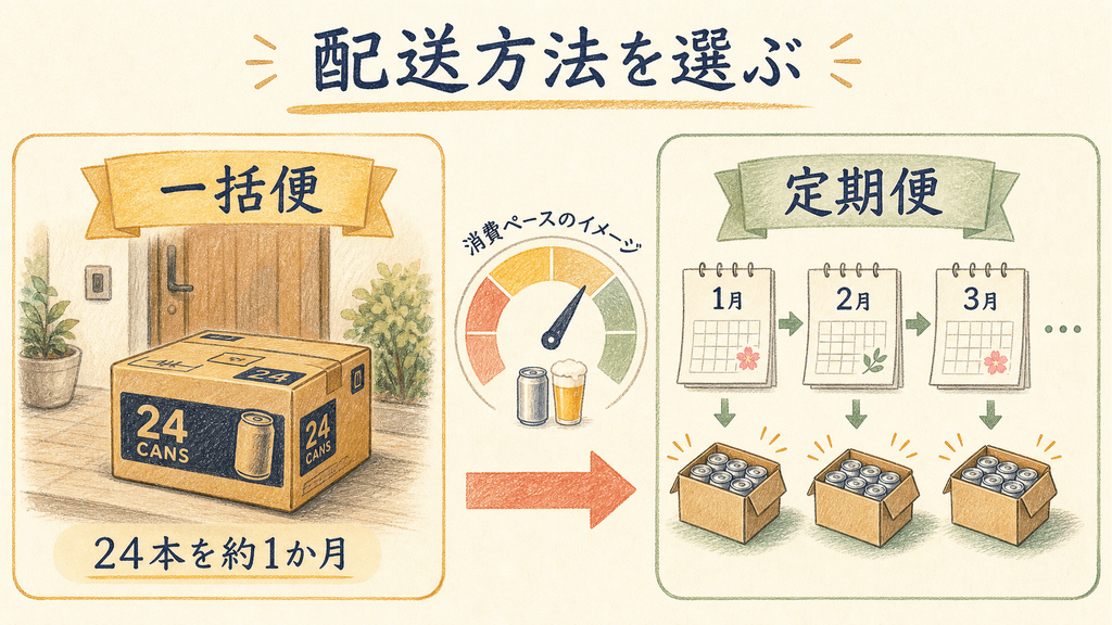 一括配送と定期便を消費ペースで選ぶの結論を示す手書き図解