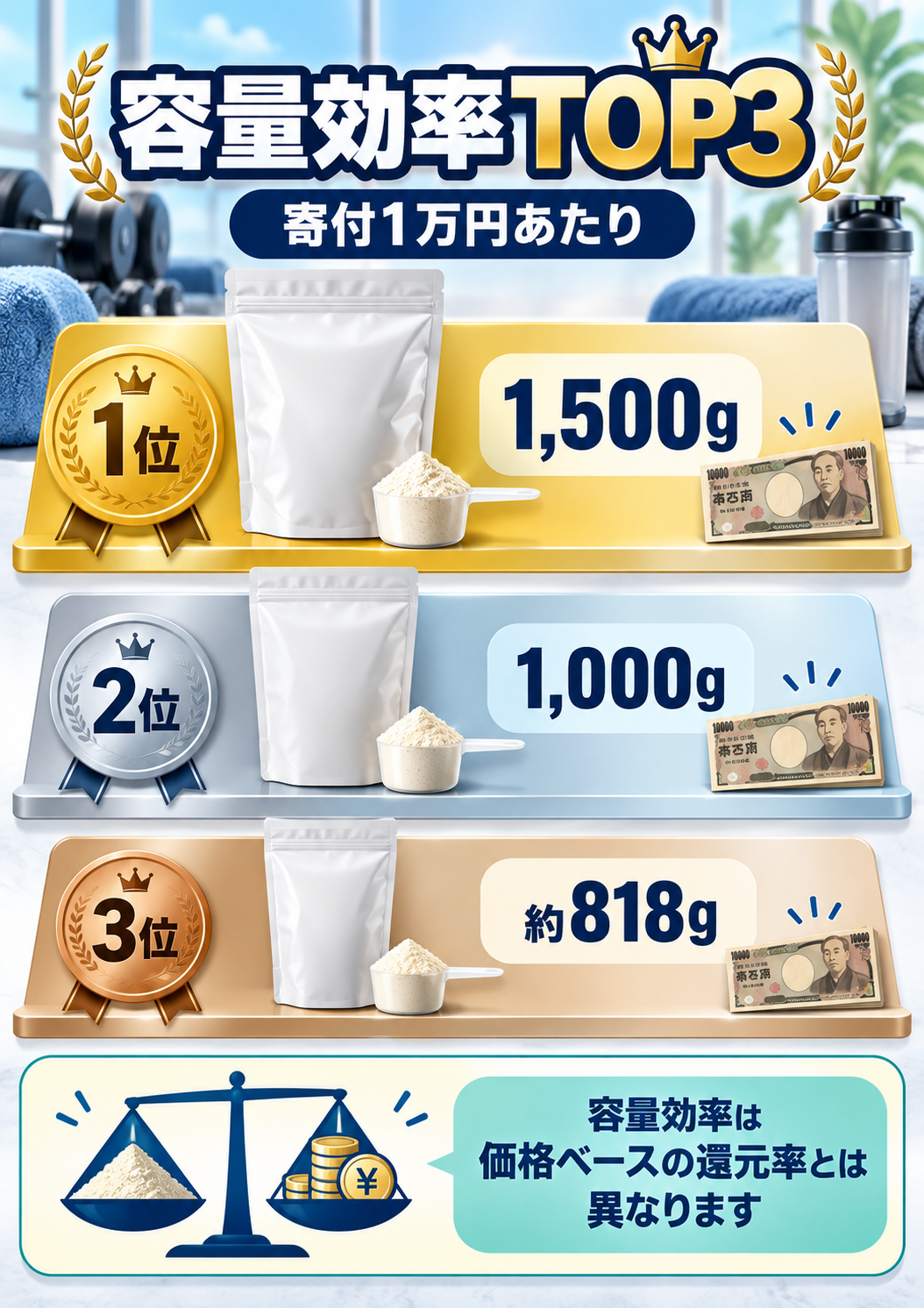 寄付1万円あたりのプロテイン粉末量TOP3比較図