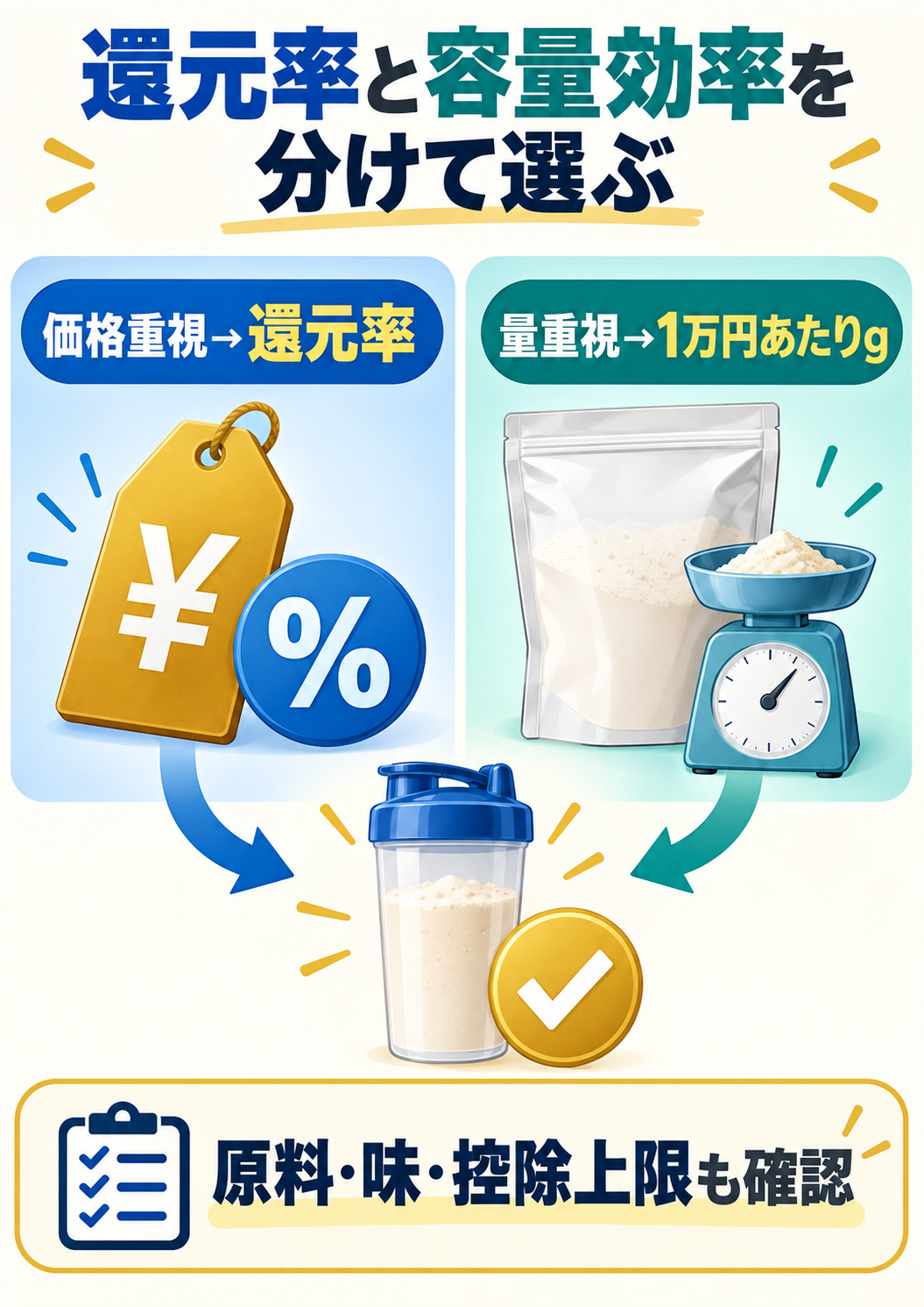 プロテインの還元率と容量効率を分けて選ぶまとめ図