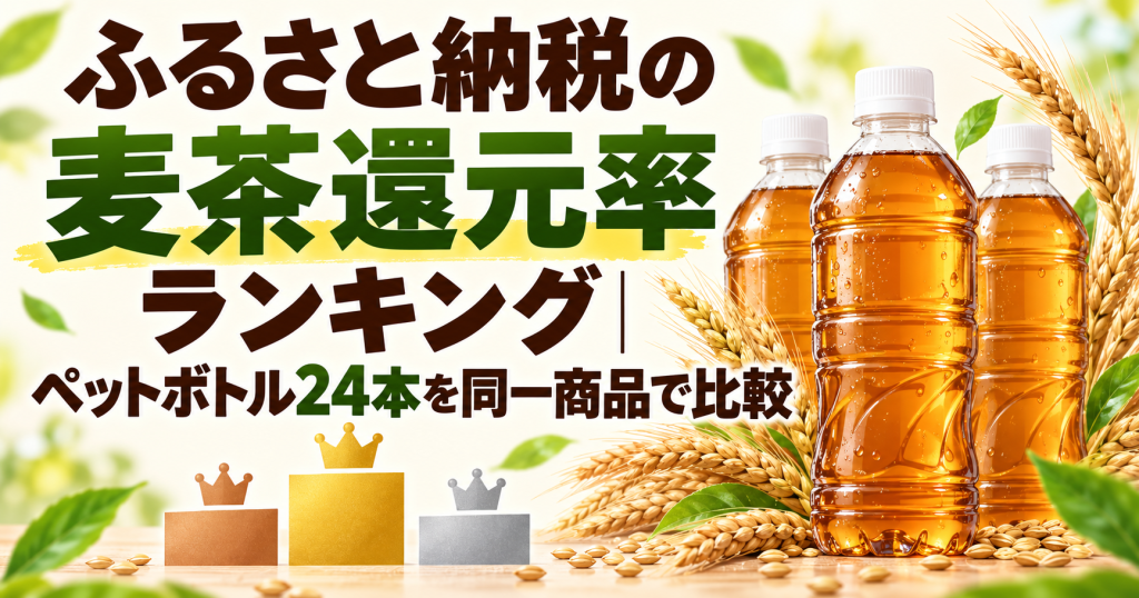 ふるさと納税の麦茶還元率ランキングを表す麦茶ペットボトルとランキング図