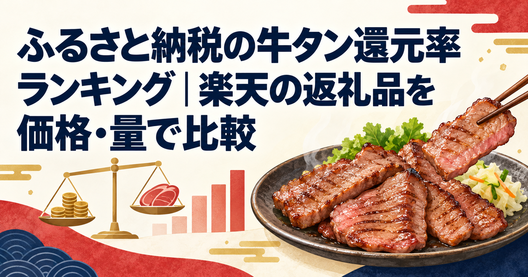 ふるさと納税の牛タン還元率ランキングを価格と量で比較するアイキャッチ