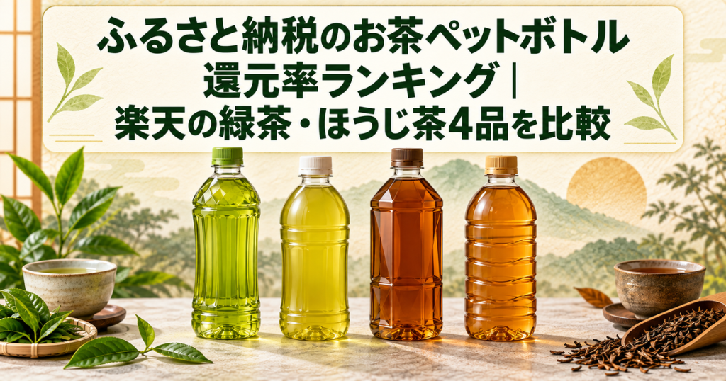緑茶とほうじ茶のペットボトル4本を背景に記事タイトルを表示したアイキャッチ
