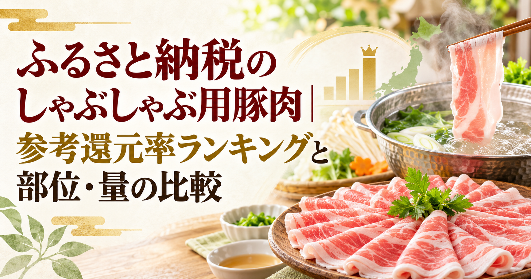 ふるさと納税のしゃぶしゃぶ用豚肉を、参考還元率・部位・量で比較する記事のアイキャッチ