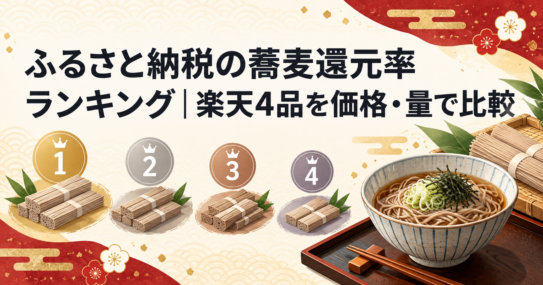 ふるさと納税の蕎麦還元率ランキングで楽天4品を価格・量から比較するアイキャッチ