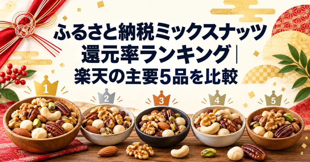 "ふるさと納税ミックスナッツ還元率ランキングで楽天の主要5品を比較するアイキャッチ"