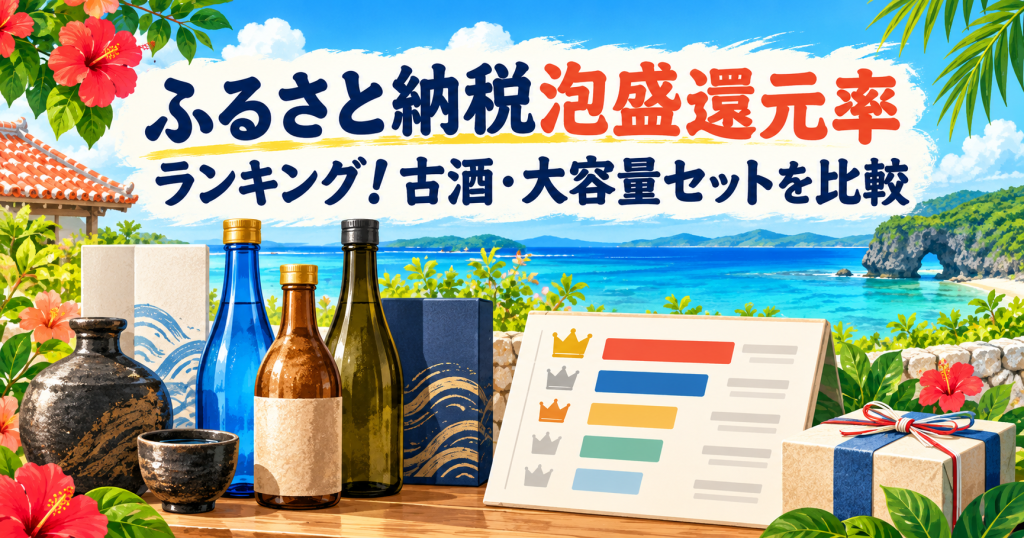 ふるさと納税の泡盛還元率ランキングで古酒と大容量セットを比較するアイキャッチ
