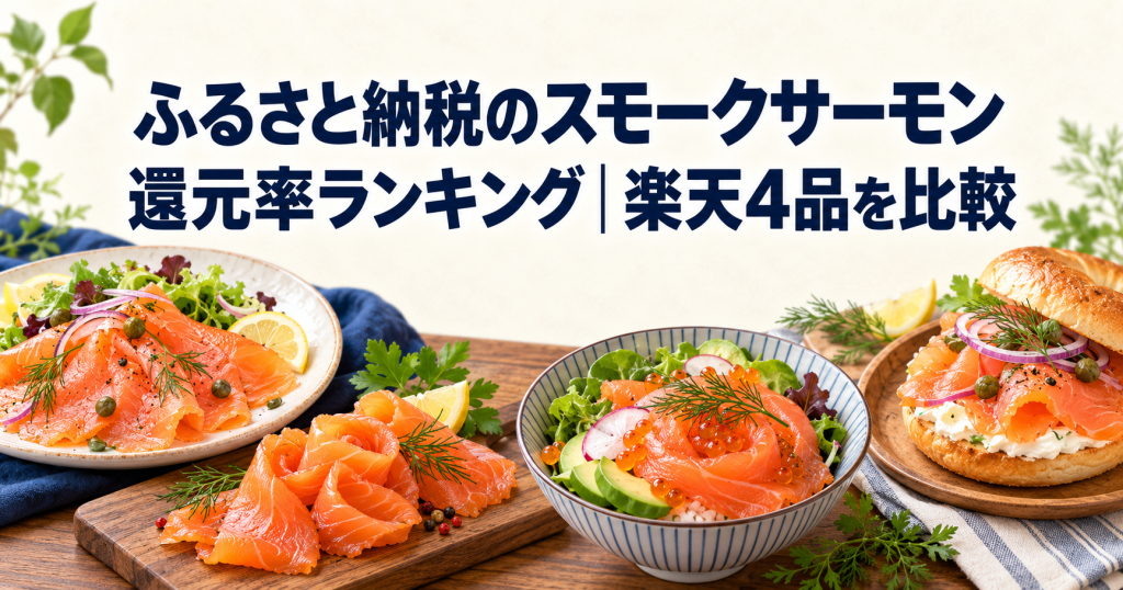 ふるさと納税のスモークサーモン還元率ランキングで楽天4品を比較するアイキャッチ