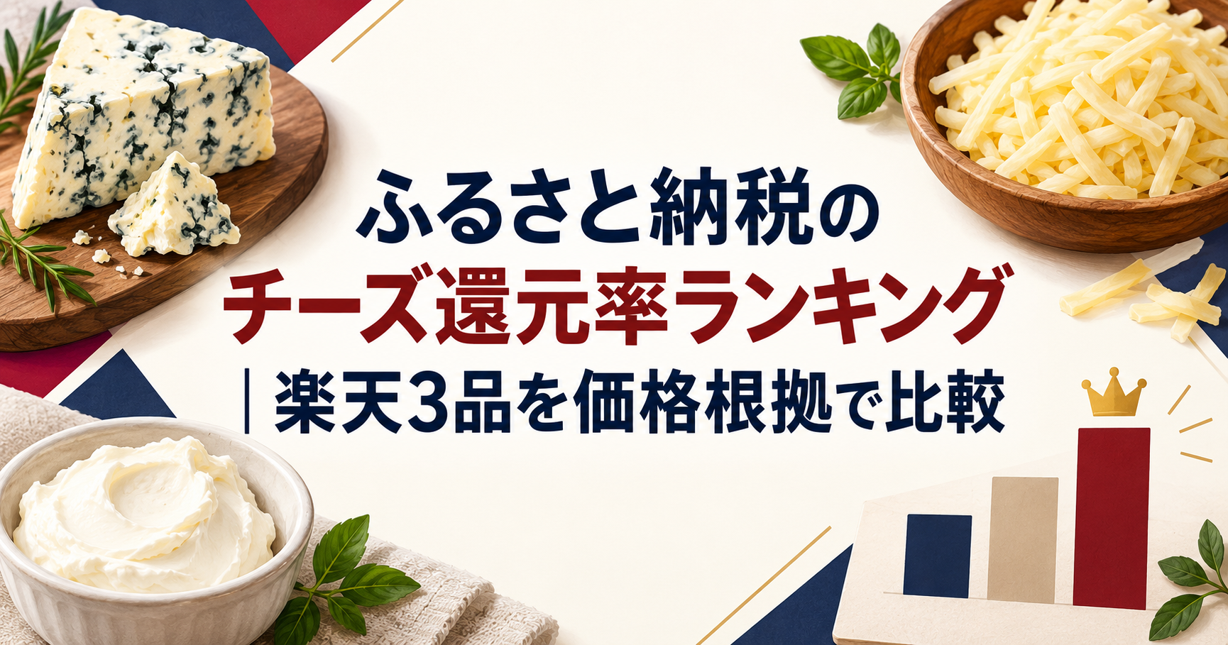 ふるさと納税のチーズ還元率ランキングを3種類のチーズと比較グラフで表したアイキャッチ