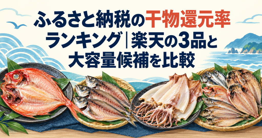 ふるさと納税の干物還元率ランキングと大容量候補を比較するアイキャッチ