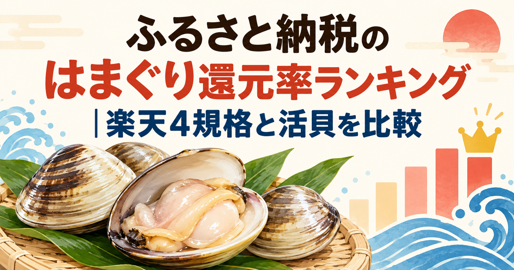 ふるさと納税のはまぐり還元率ランキングを示す、はまぐりと比較グラフのイラスト