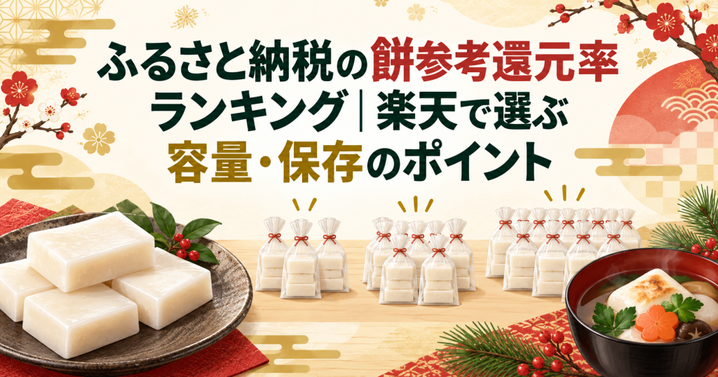 ふるさと納税の餅参考還元率ランキングと容量・保存のポイントを表すアイキャッチ