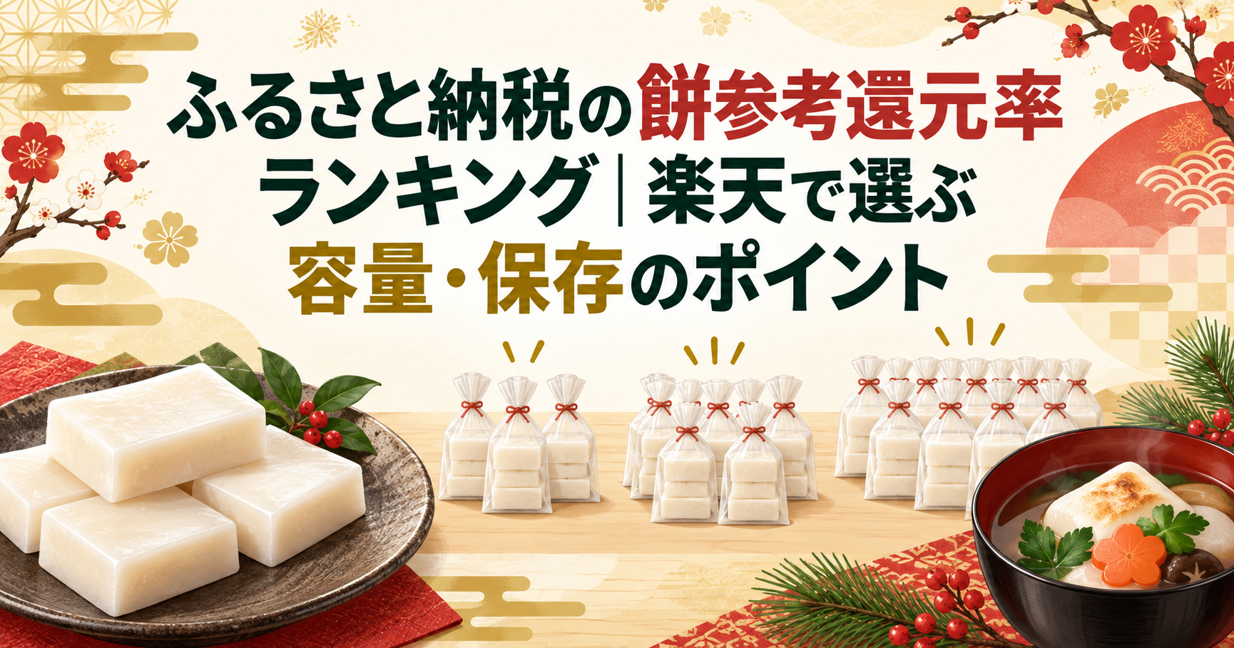 ふるさと納税の餅参考還元率ランキングと容量・保存のポイントを表すアイキャッチ