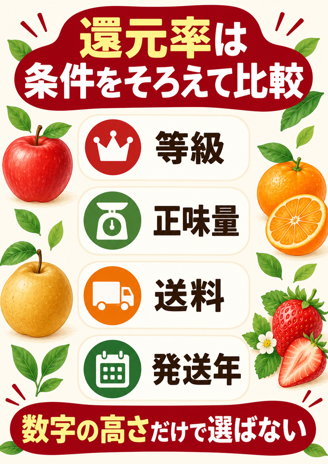果物の還元率を比較する4条件:等級、正味量、送料、発送年