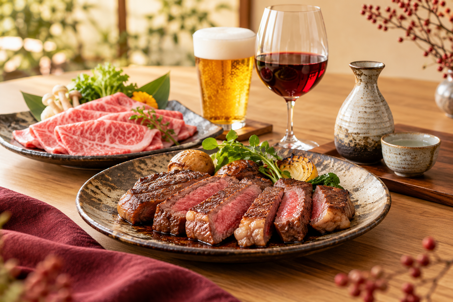 ビール・ワイン・日本酒と牛肉を並べた食卓
