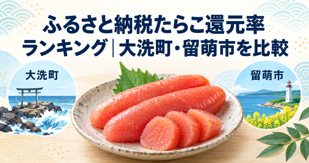 たらこと大洗町・留萌市の風景を配した、ふるさと納税たらこ還元率比較のアイキャッチ