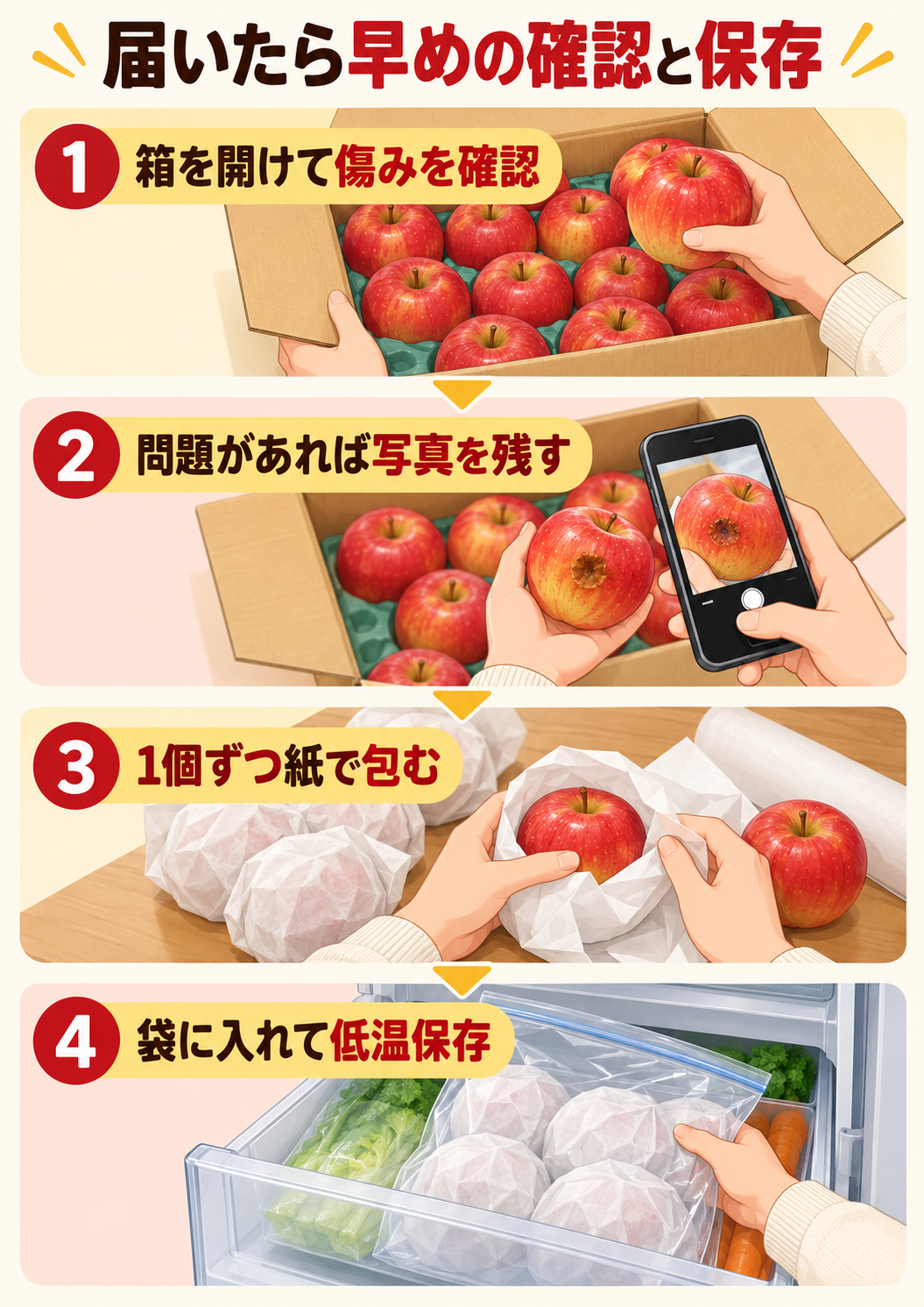 りんご到着後の傷み確認・写真記録・包装・低温保存の手順