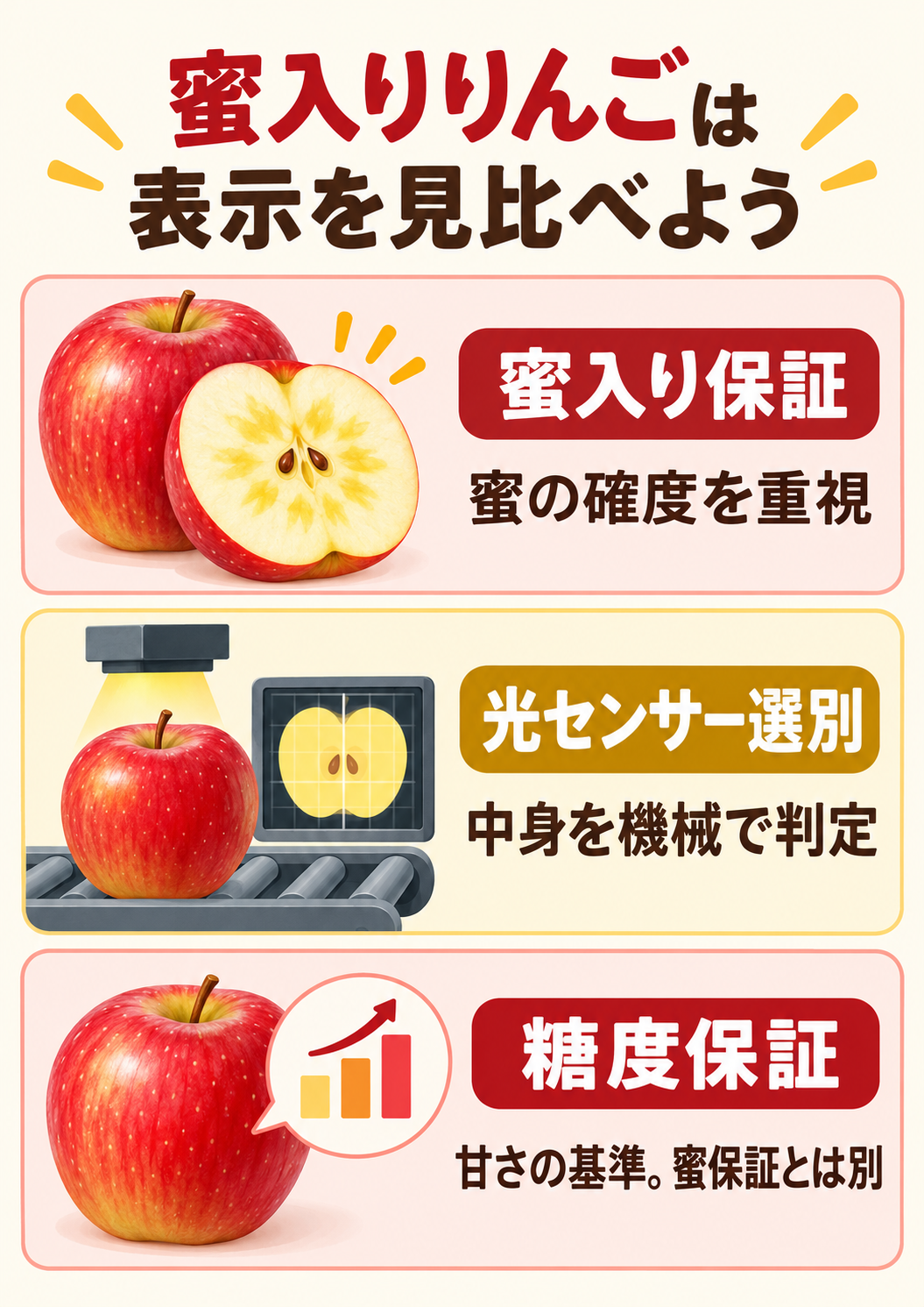 蜜入り保証・光センサー選別・糖度保証の違い