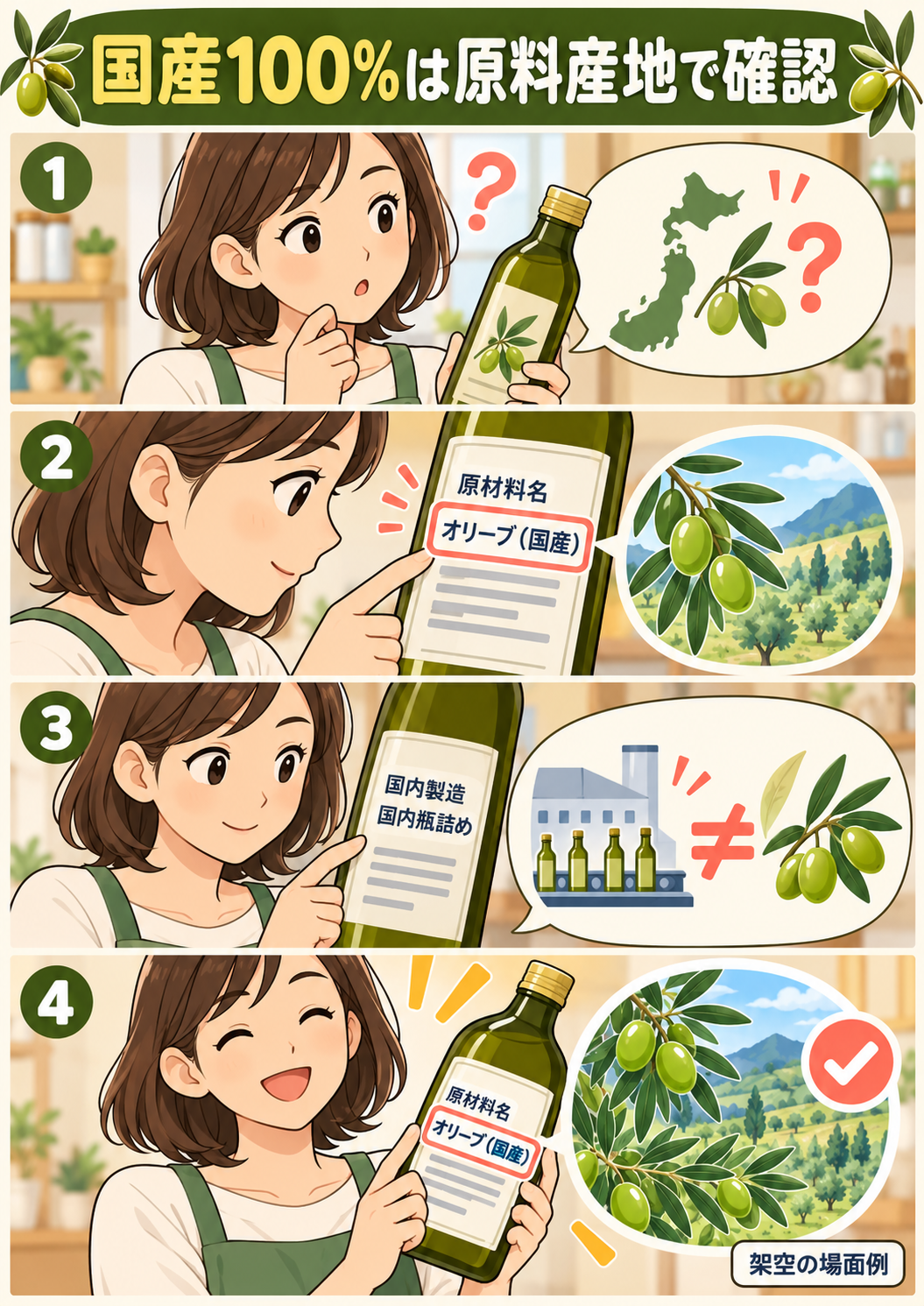 国産オリーブオイルは原料産地を確認する解説図