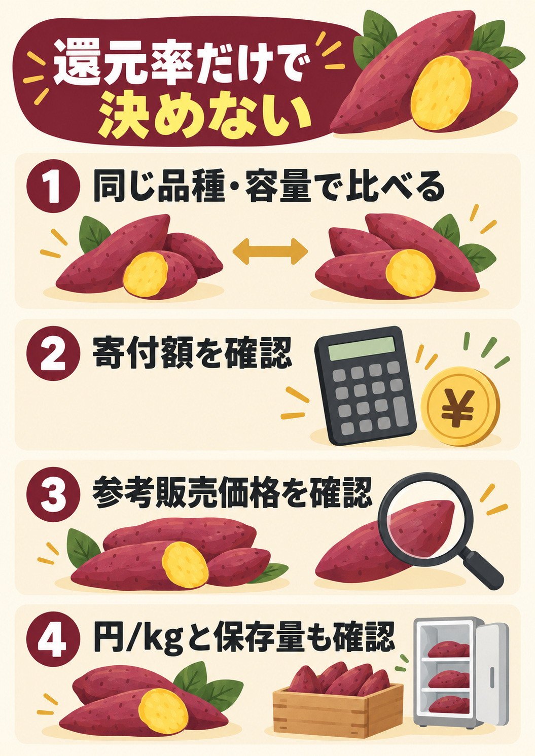 さつまいもの還元率と寄付額・参考販売価格・円/kg・保存量を確認する手順