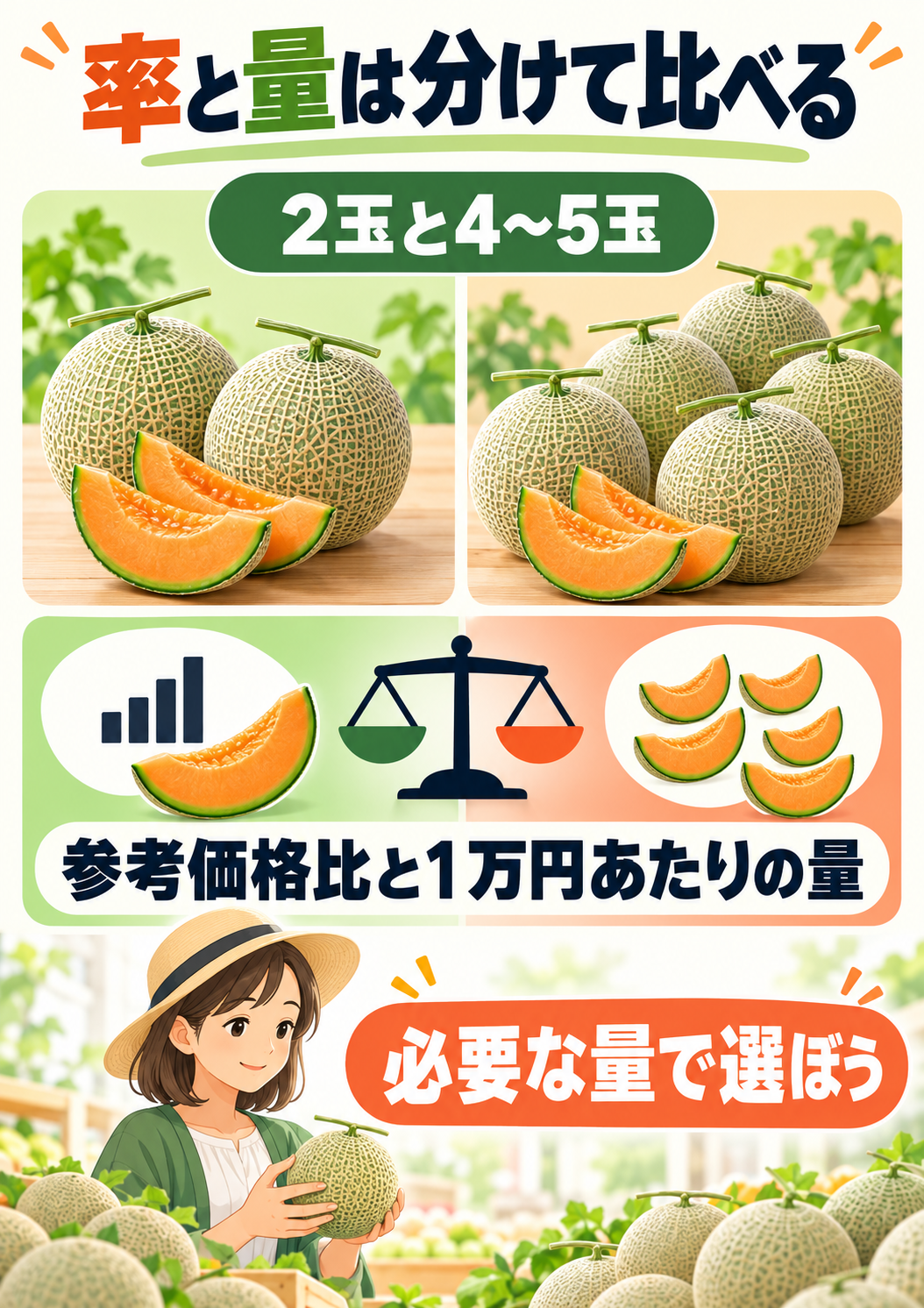 メロンの参考価格比と1万円あたりの量を分けて比べる図