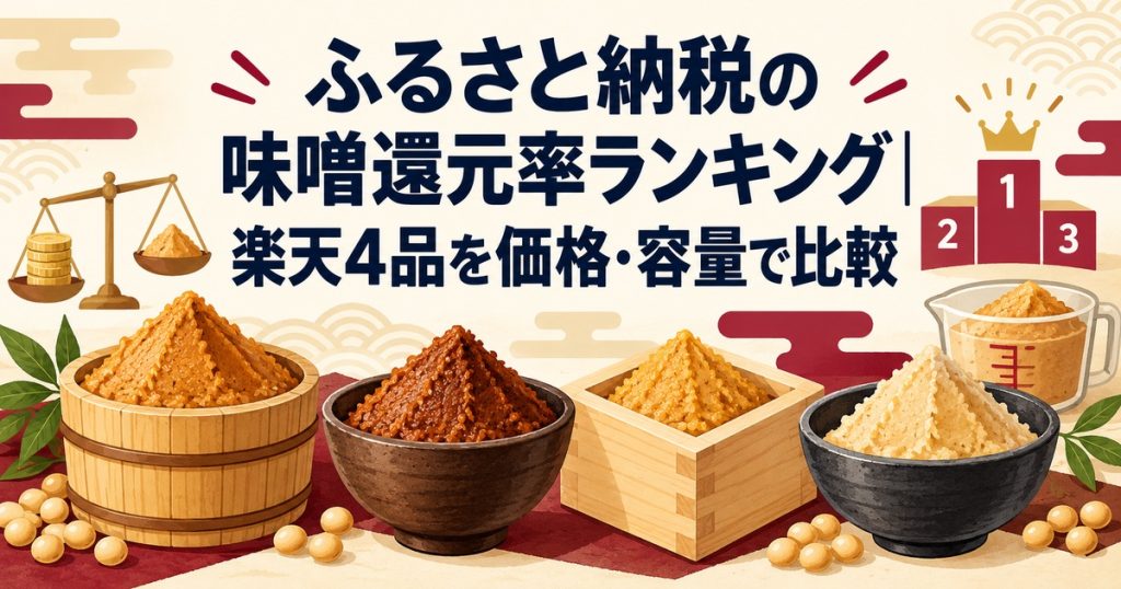 ふるさと納税の味噌還元率ランキングで楽天4品を価格・容量比較するアイキャッチ