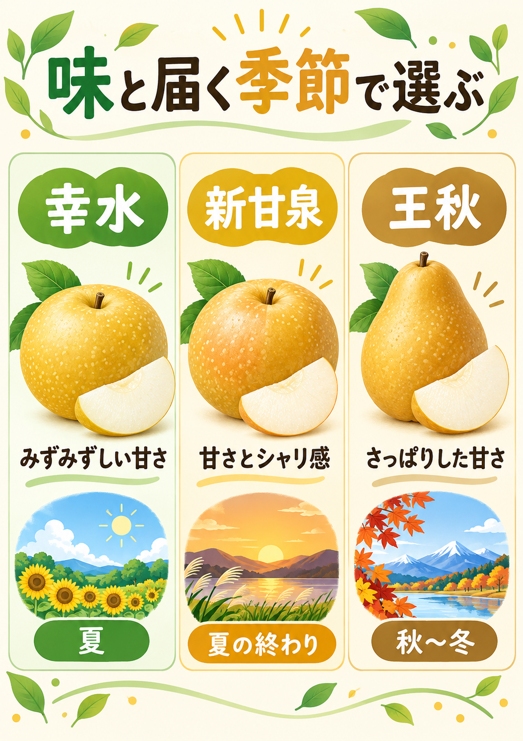 幸水・新甘泉・王秋を味と届く季節で比較