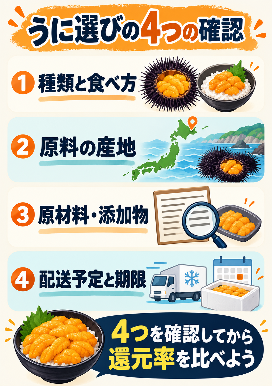 うにの返礼品を選ぶ4つの確認ポイント